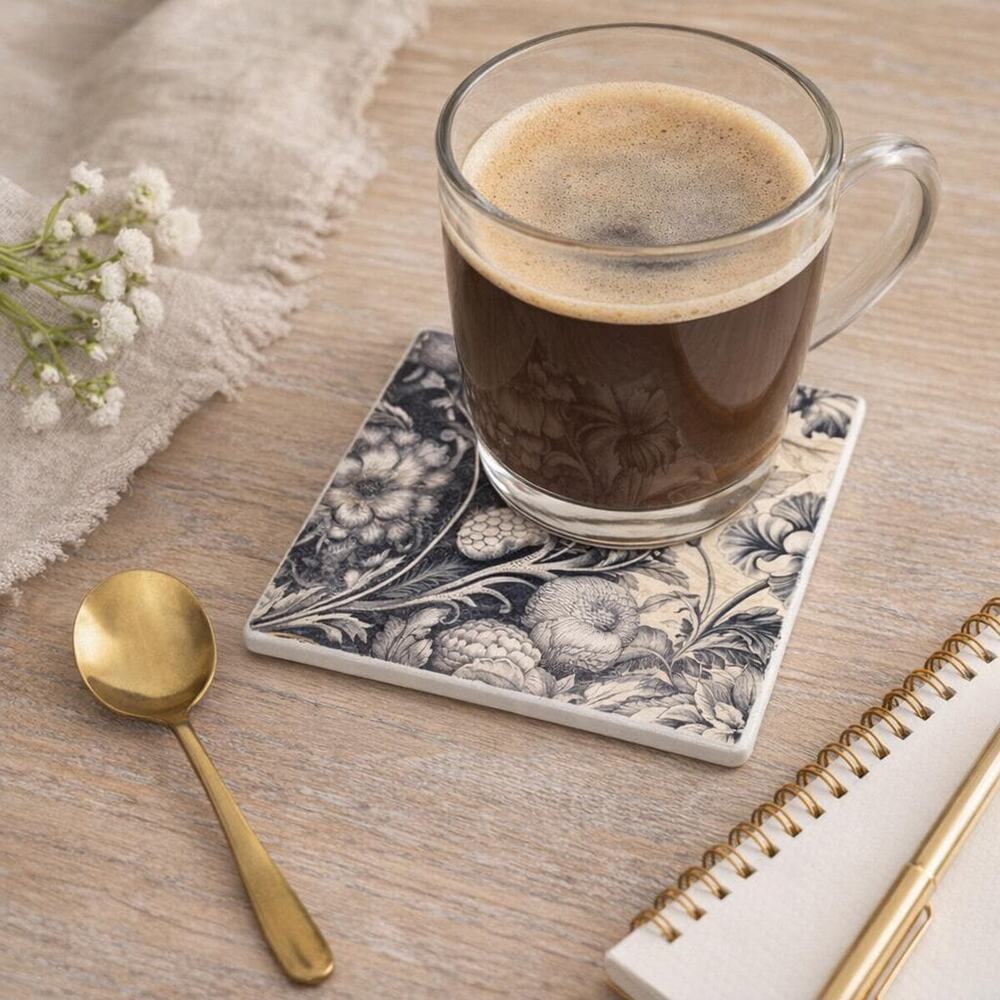 Neutral Botanical Floral Ceramic Coaster Set – Round or Square (Set of 4)